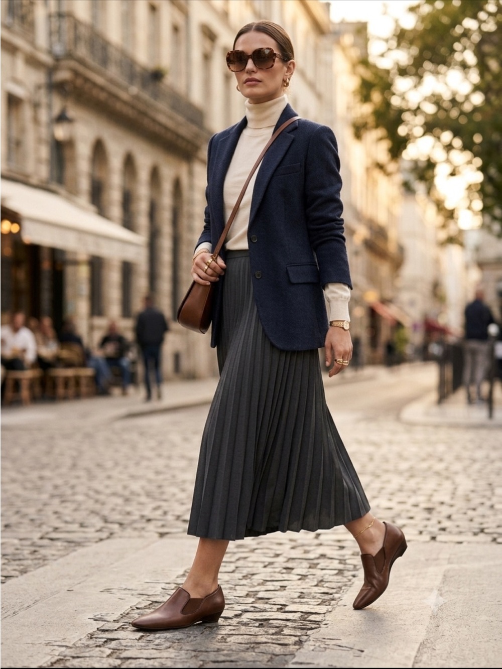 Prevata Brown Leather Slip-On Loafers with Low Block Heel
